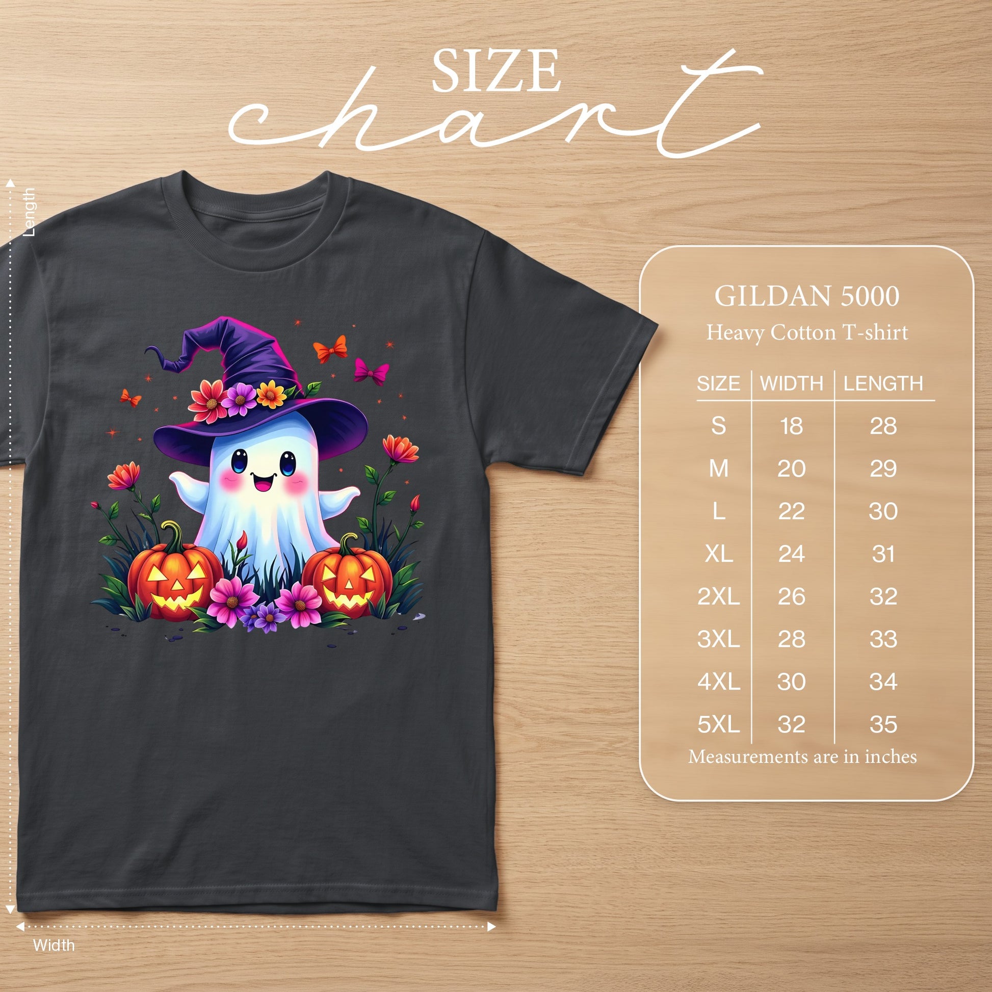 Dark gray Gildan 5000 t-shirt with ghost design and size chart.