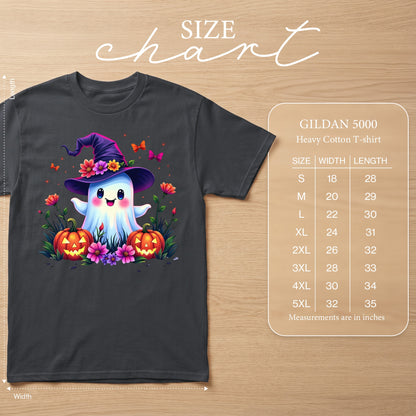 Dark gray Gildan 5000 t-shirt with ghost design and size chart.
