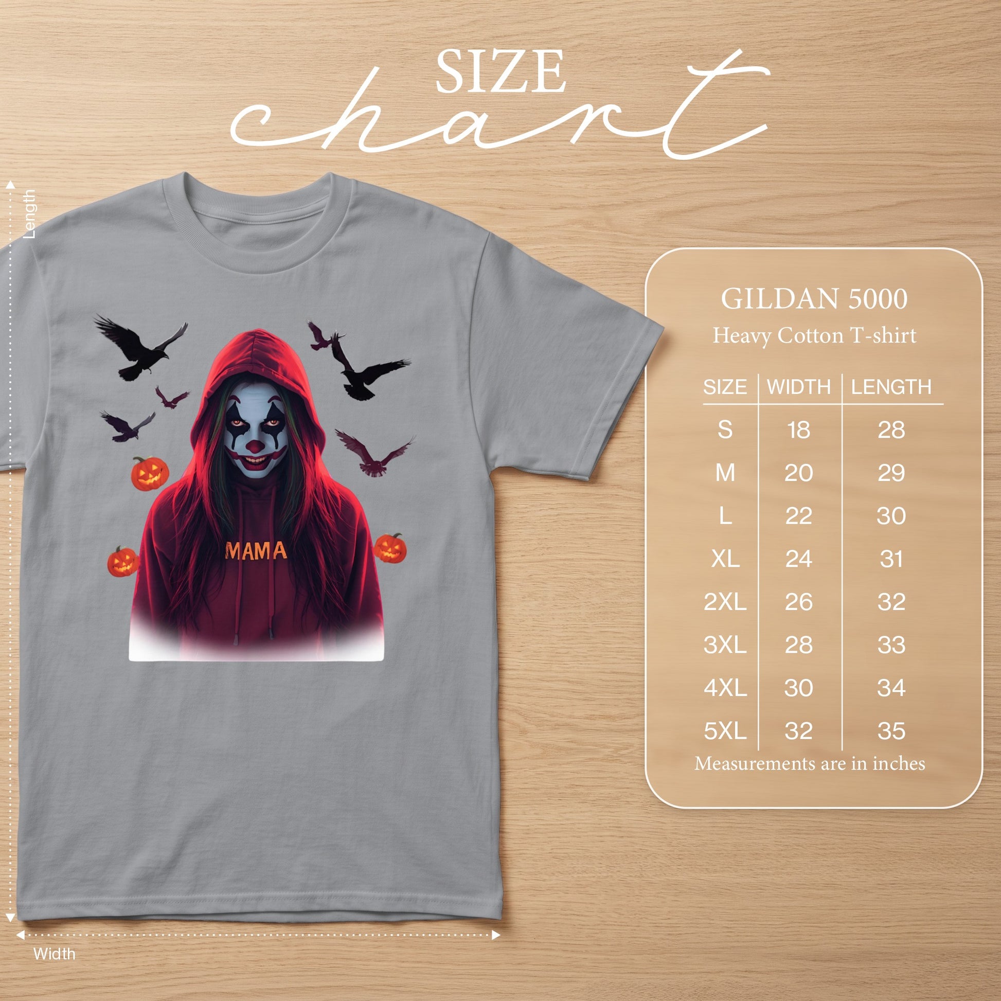 Grey Gildan 5000 heavy cotton t-shirt with a spooky clown and pumpkins design.
