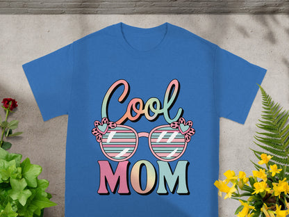 Blue t-shirt with "Cool Mom" text and sunglasses graphic.