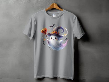 Grey t-shirt with a Halloween ghost holding a pumpkin on a stick.