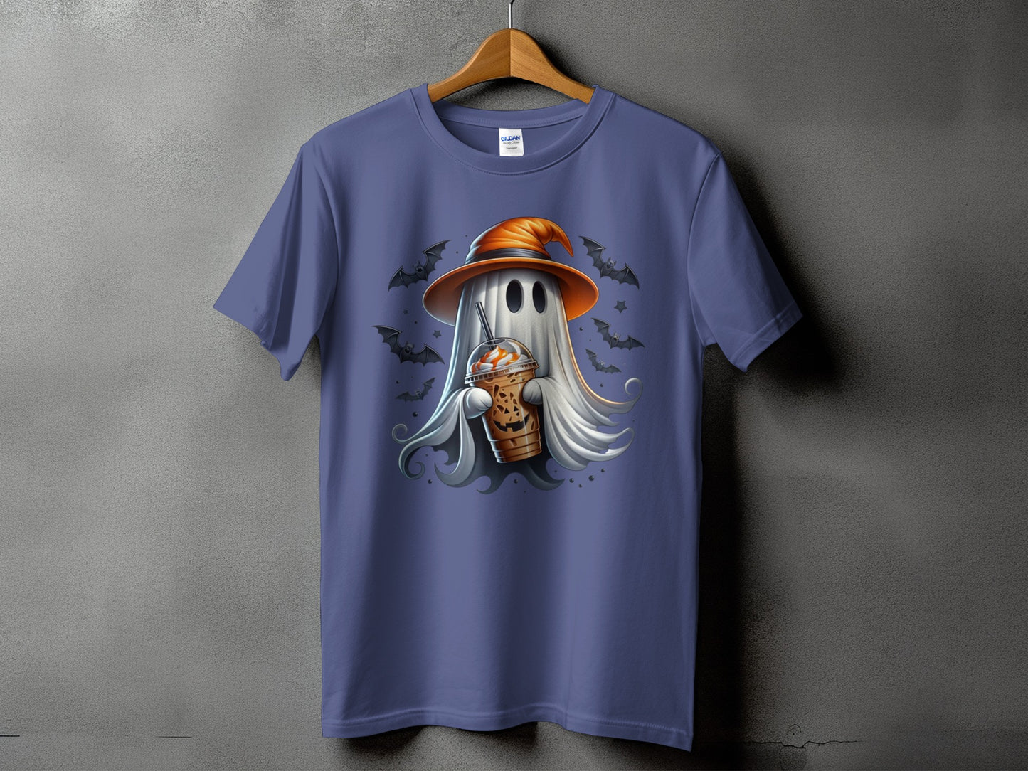 Ghost wearing witch hat holding pumpkin spice latte with bats around it.