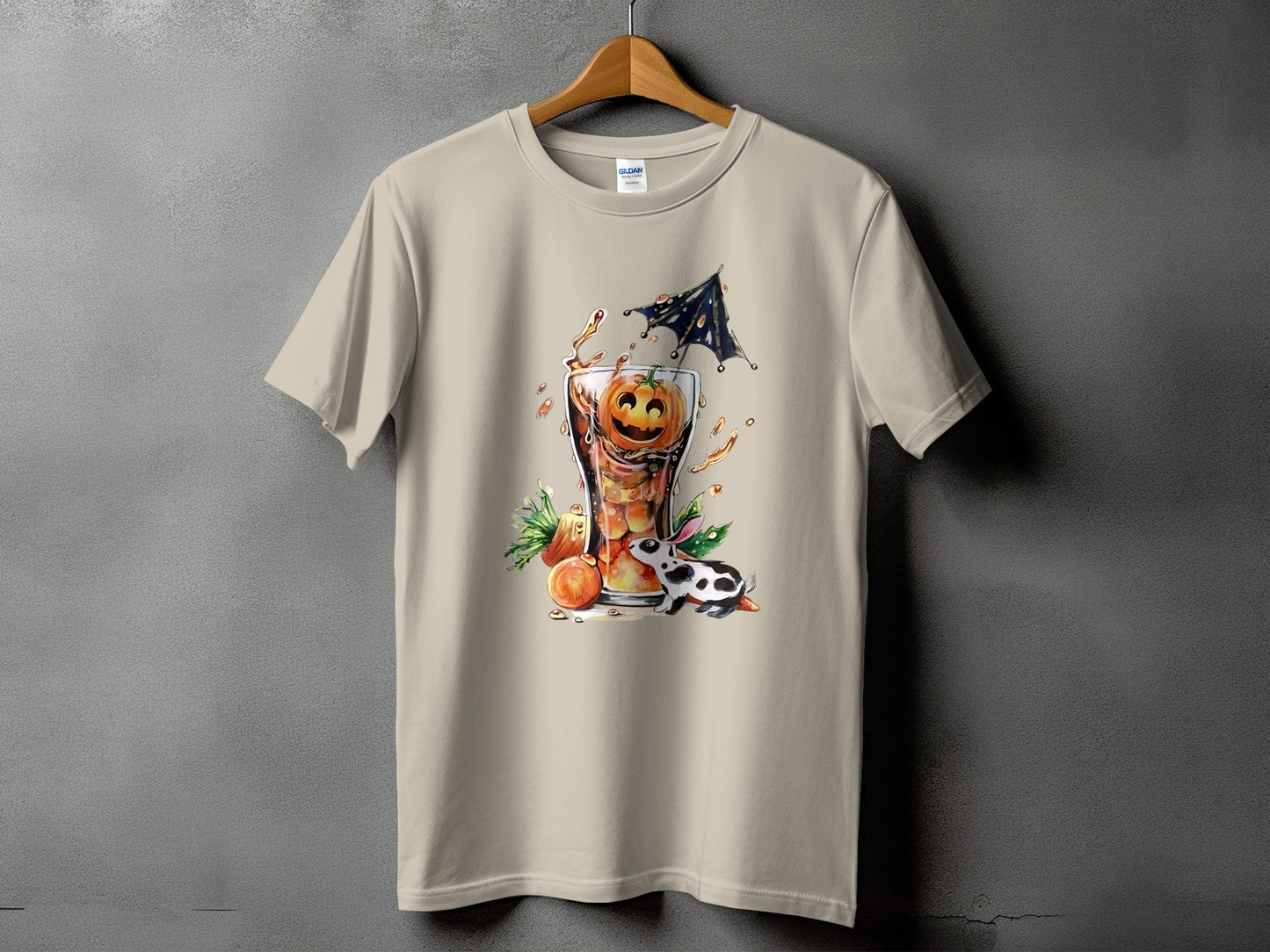 T-shirt with a Halloween drink featuring a jack-o'-lantern, umbrella, and a spotted rabbit.