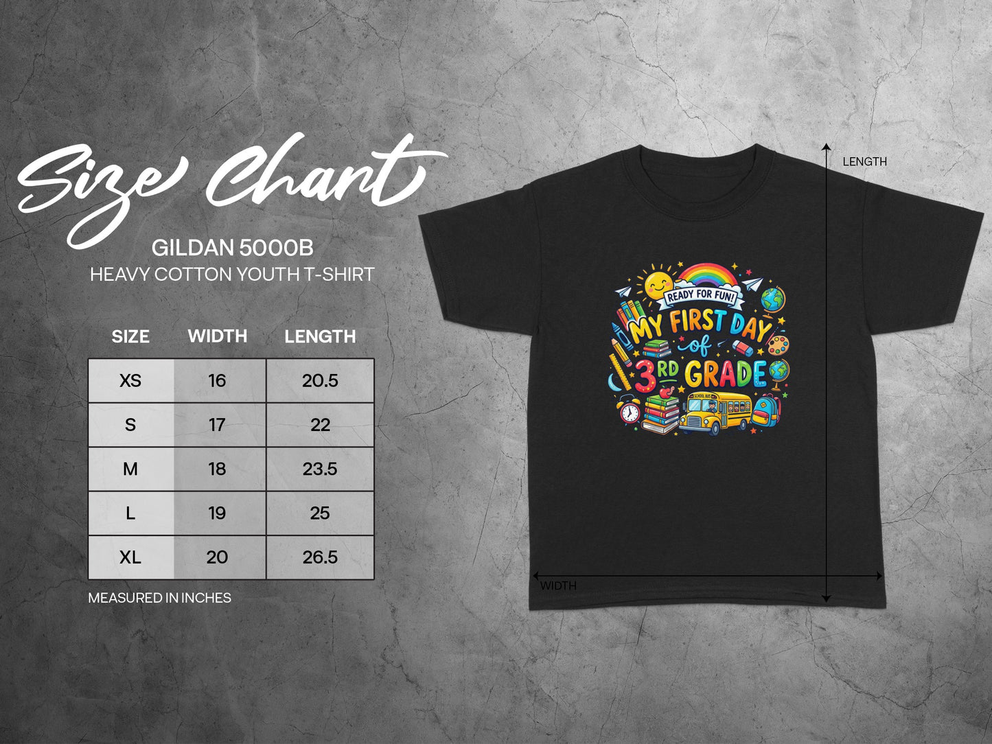 Black youth t-shirt with "My First Day of 3rd Grade" graphic and size chart.