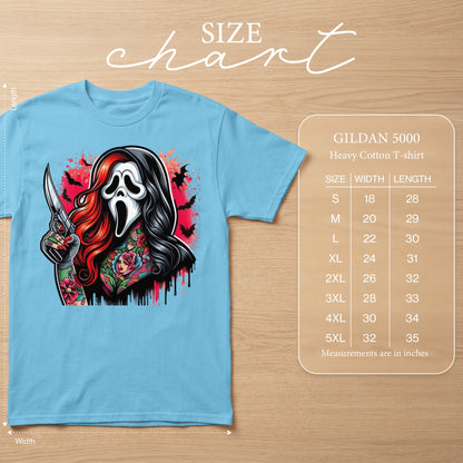 Light blue Gildan 5000 t-shirt with a "Scream" mask character graphic and size chart.