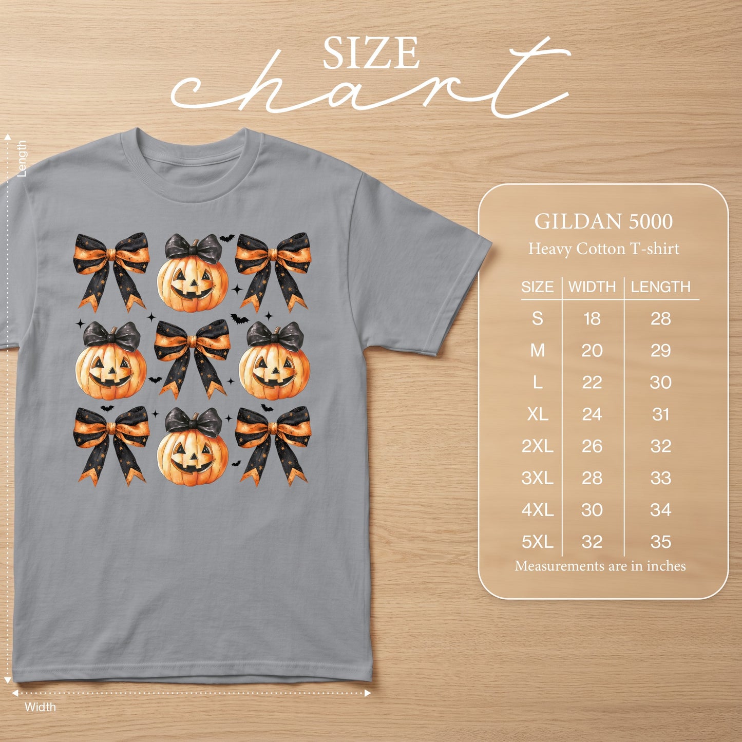 Gray t-shirt with pumpkins and bows graphic, Gildan 5000 size chart included.