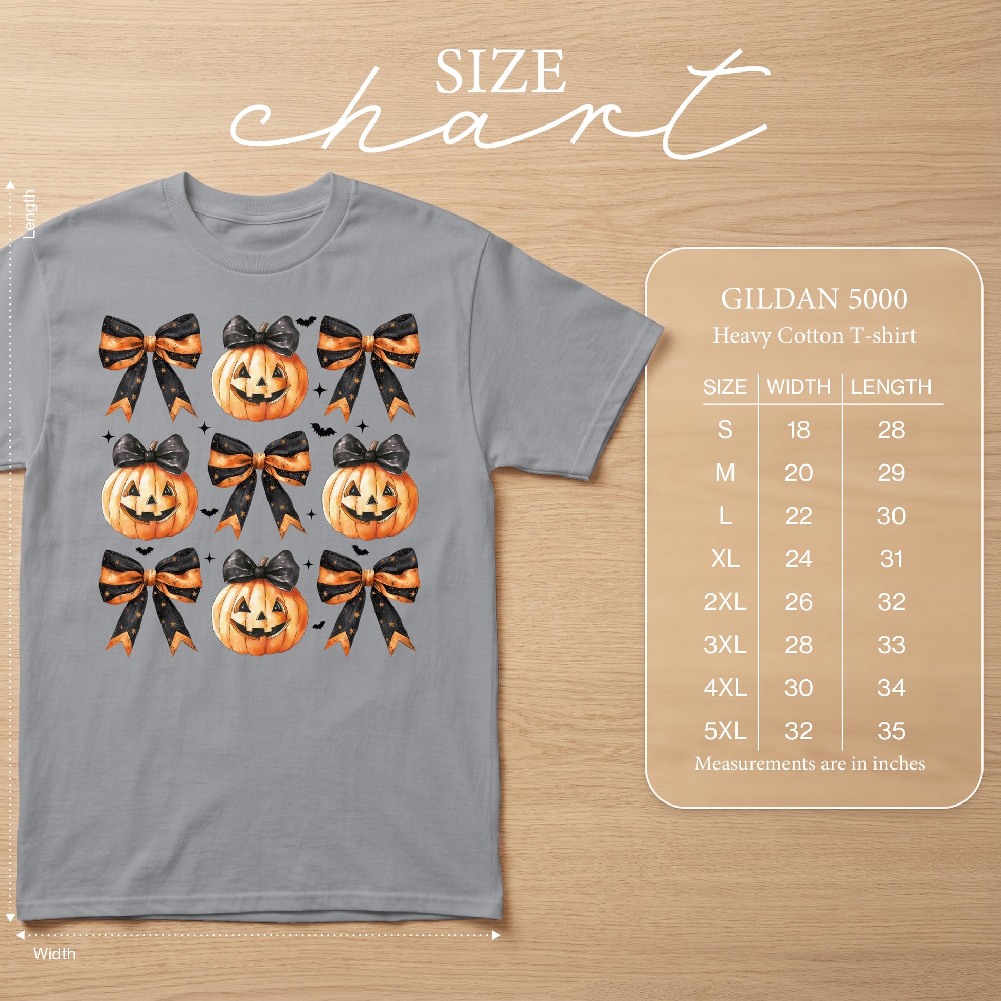 Gray t-shirt with pumpkins and bows graphic, Gildan 5000 size chart included.