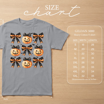 Gray t-shirt with pumpkins and bows graphic, Gildan 5000 size chart included.