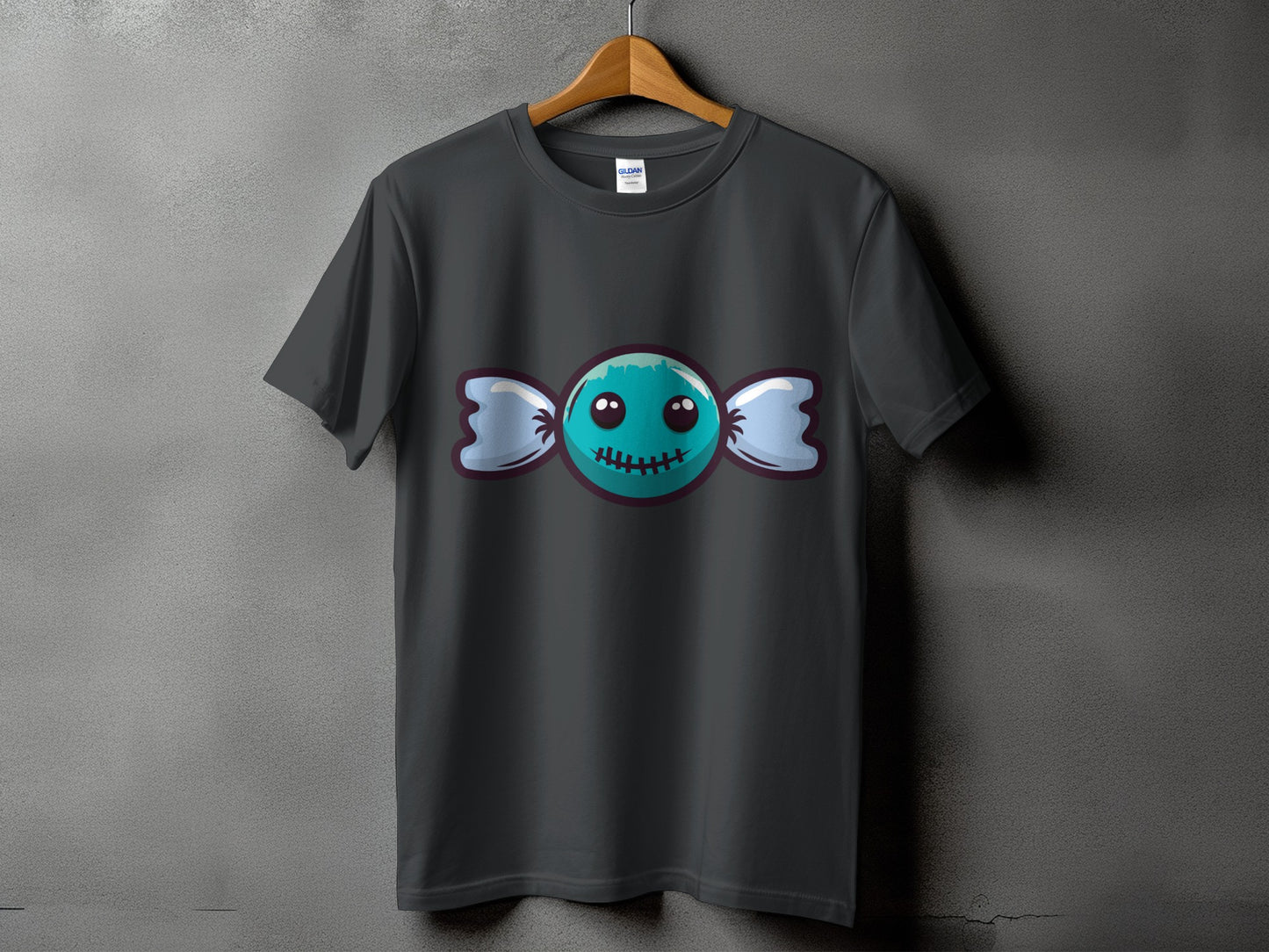 Dark gray t-shirt with a teal candy graphic featuring cartoon eyes and stitched mouth.