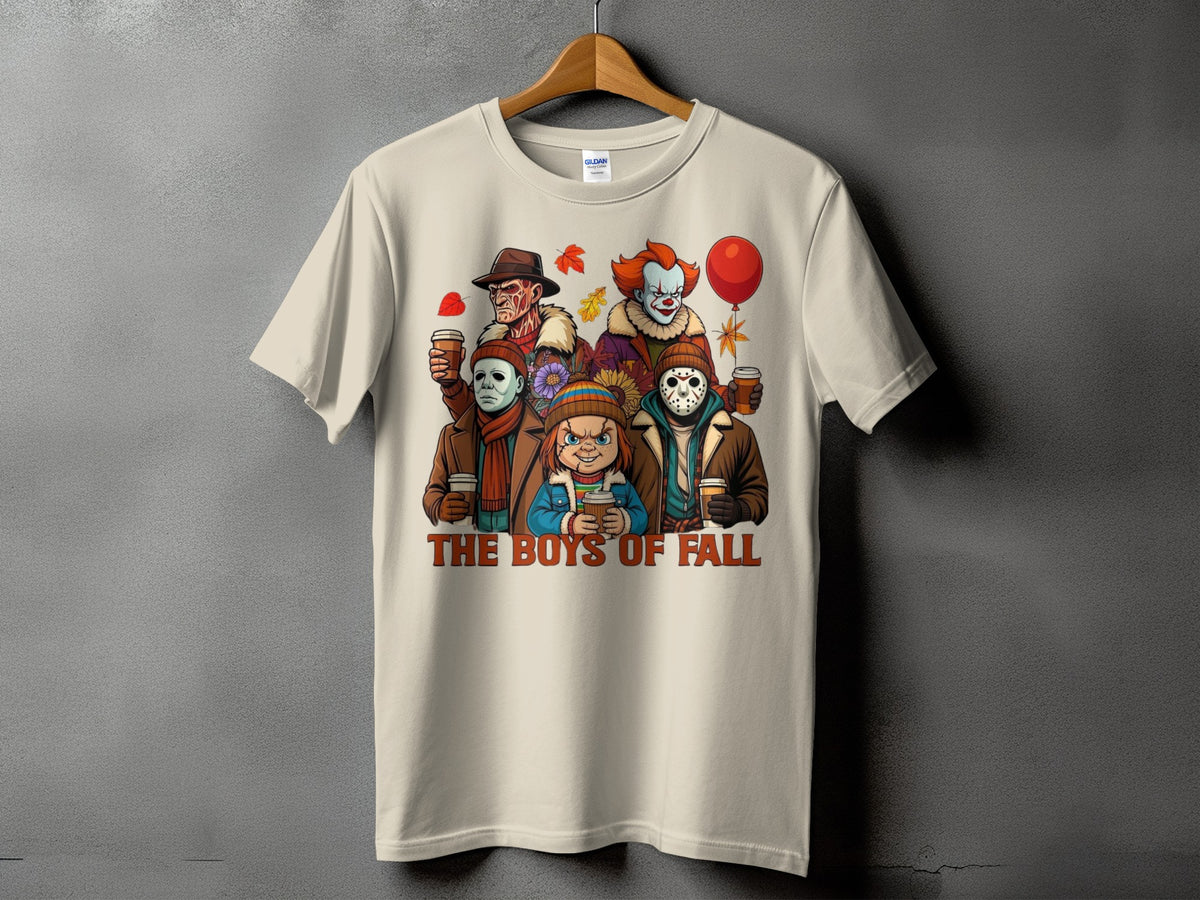 Horror characters holding coffee cups with "The Boys of Fall" text.