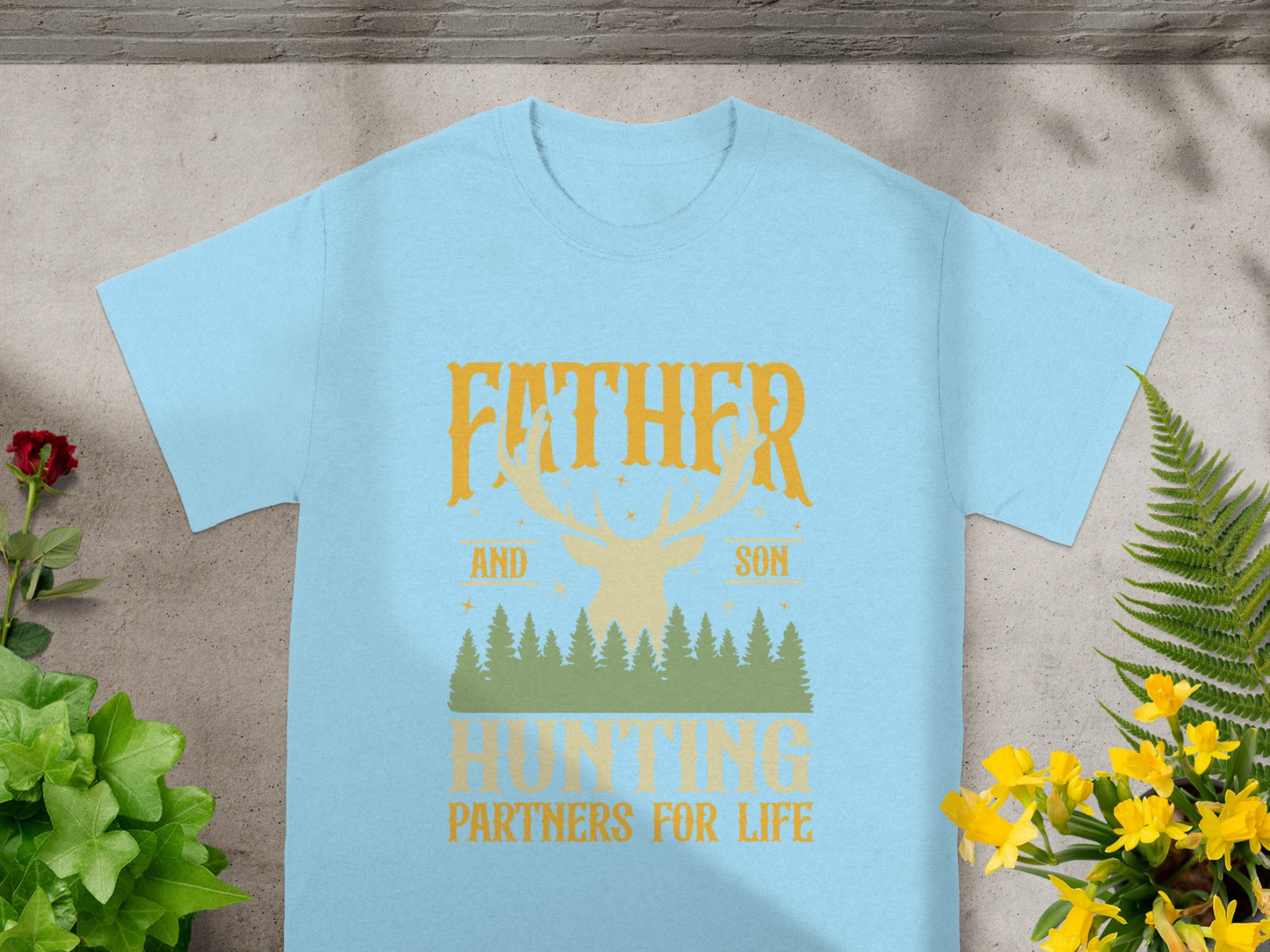 Light blue t-shirt with "Father and Son Hunting Partners for Life" text and deer graphic.