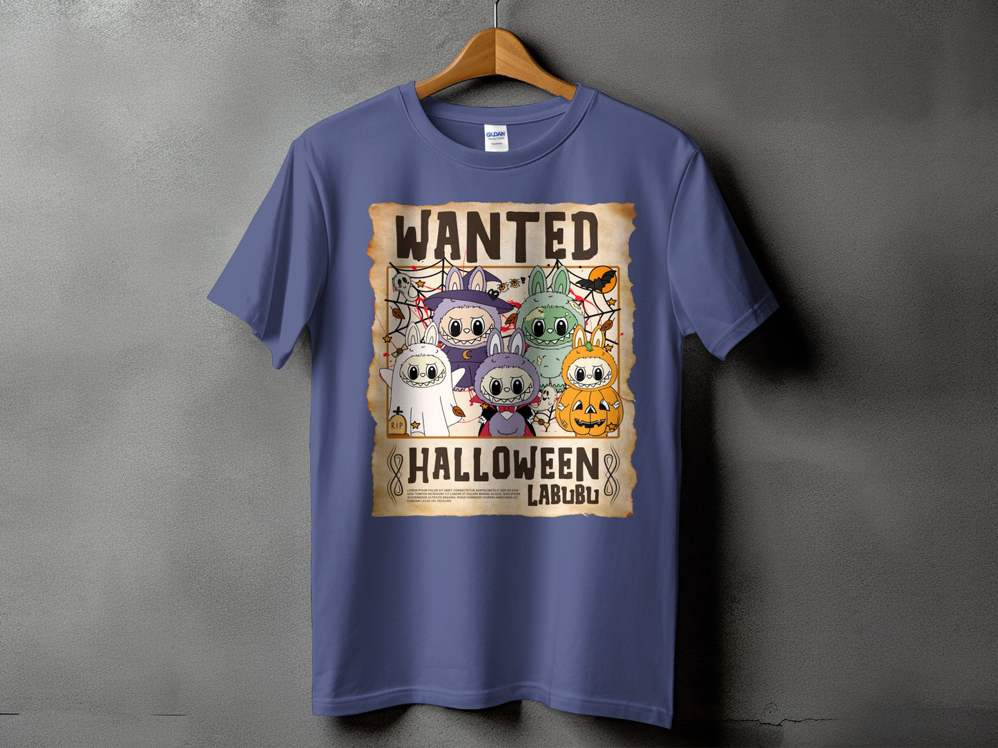 Wanted Halloween poster featuring cute monster characters in costumes on a t-shirt.