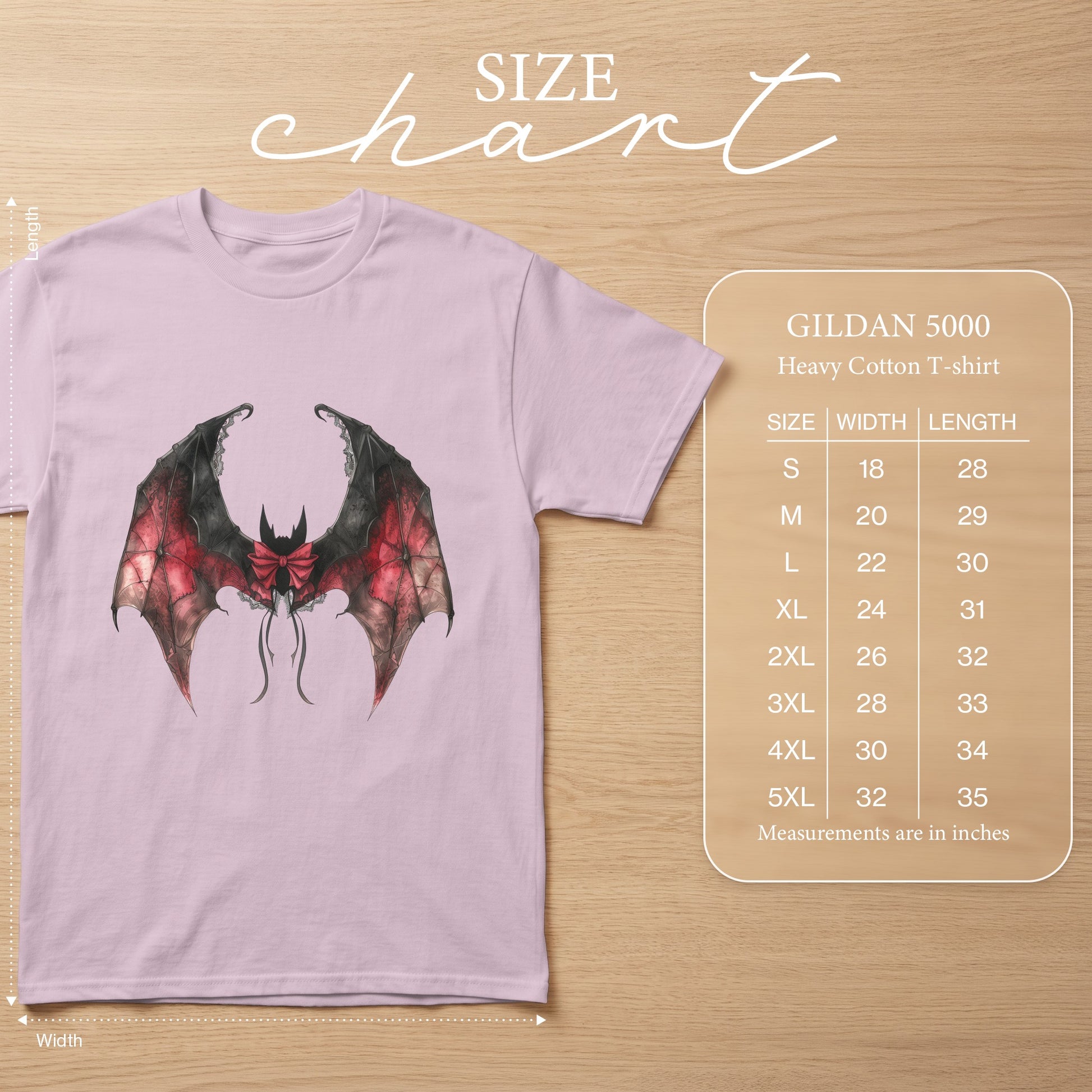 Gildan 5000 heavy cotton t-shirt with bat graphic and size chart.
