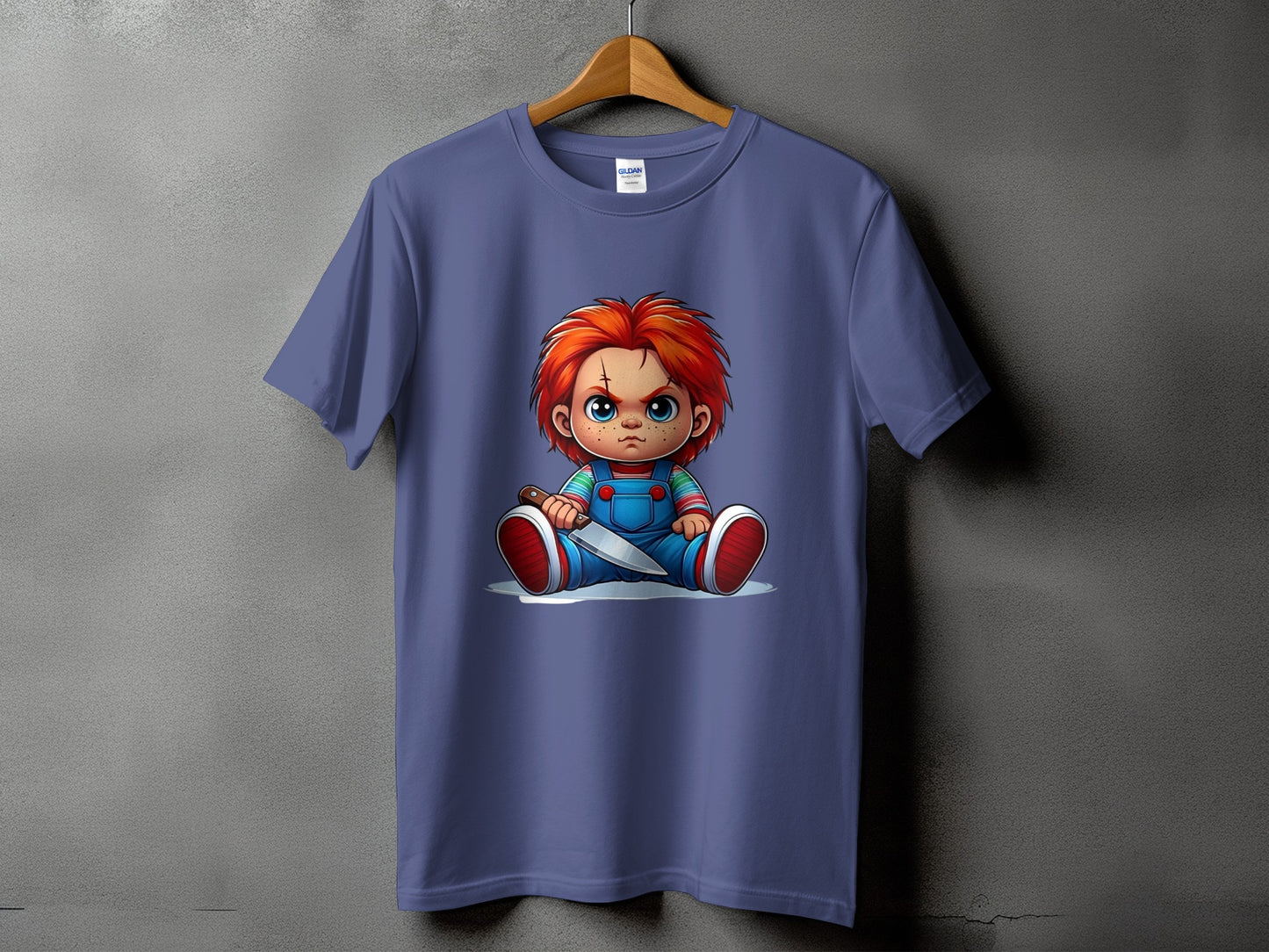 T-shirt with Chucky doll graphic holding a knife.