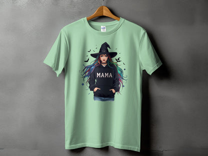 Light green t-shirt with "MAMA" text and a witch graphic.
