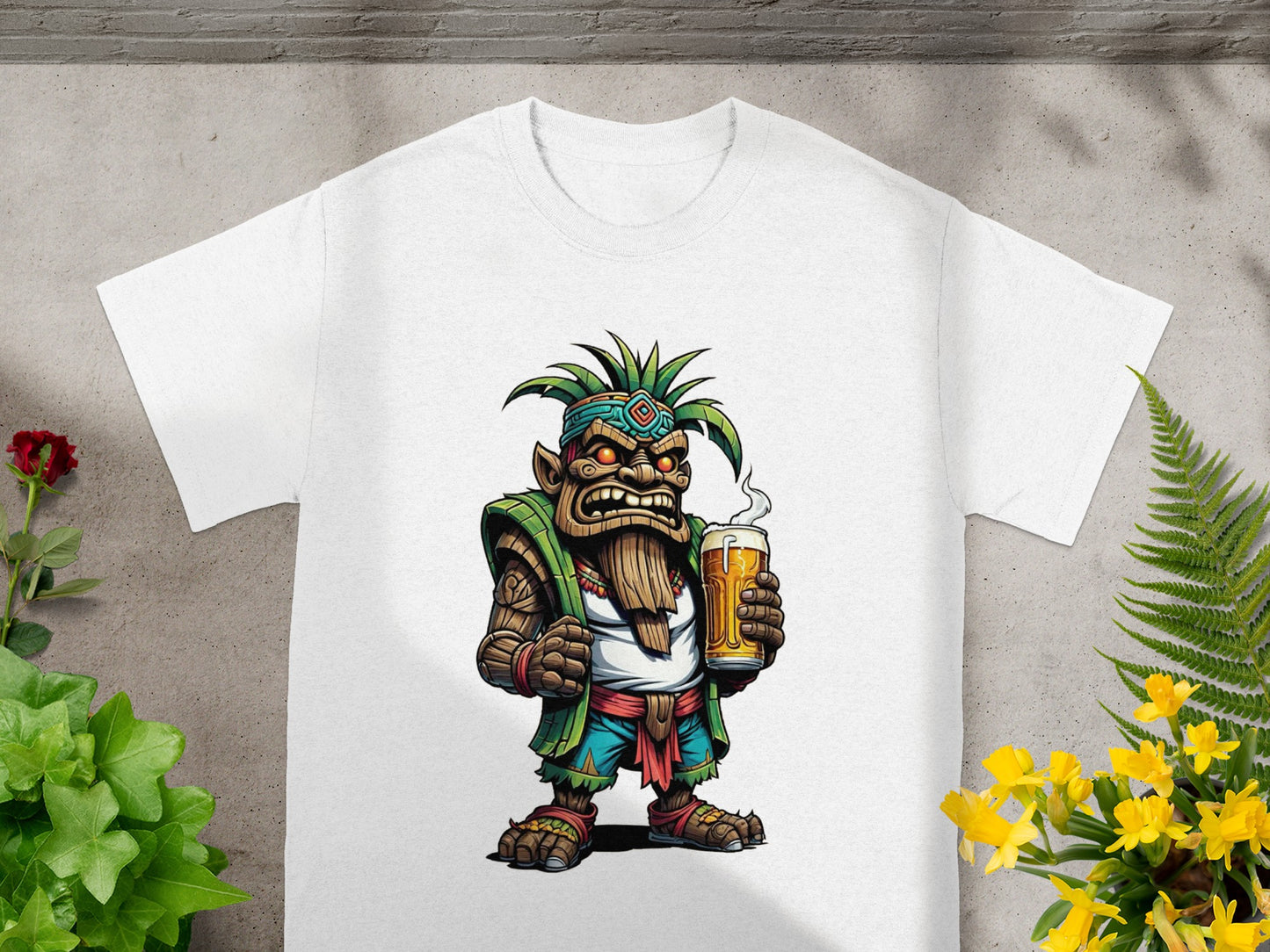 Unique Cartoon Tiki Character with Beer T-Shirt