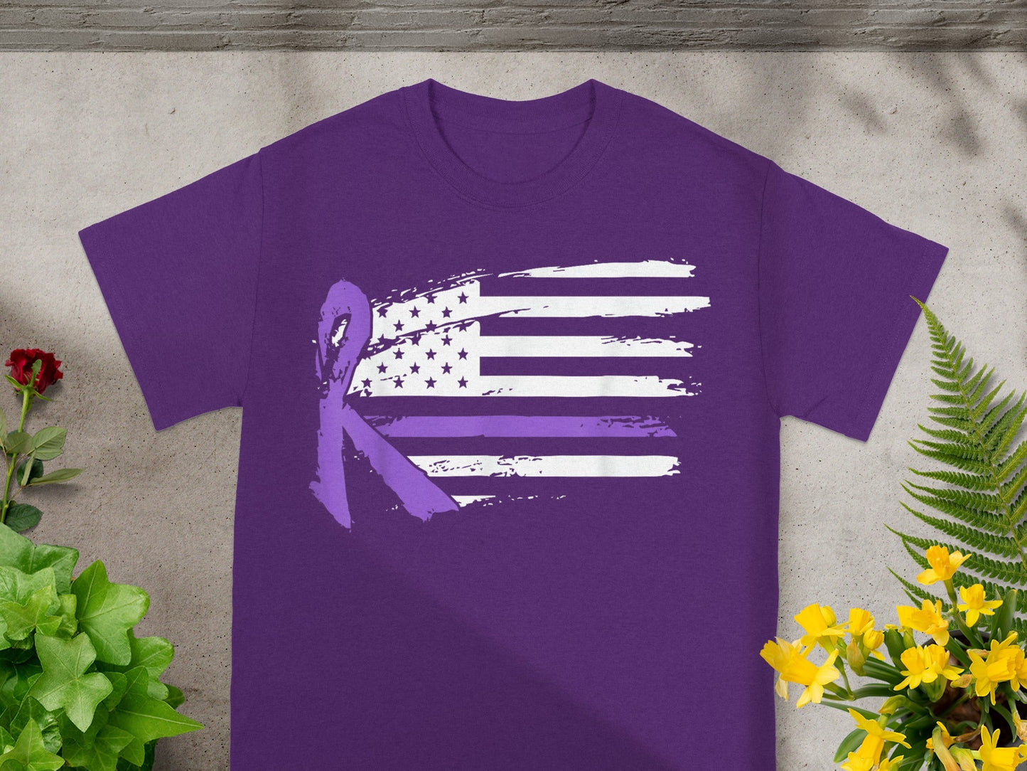 Purple Ribbon Star Stripes American Flag Print Shirt
