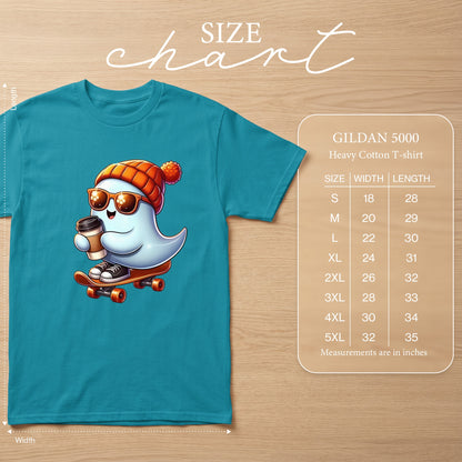 Teal t-shirt with cartoon ghost on skateboard holding coffee cup, with size chart.