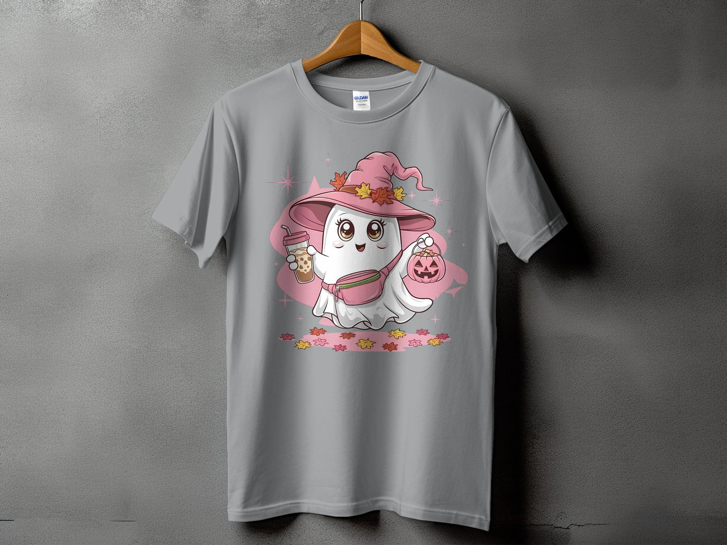 Gray t-shirt with cute ghost wearing witch hat holding boba tea and pumpkin.
