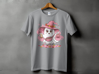 Gray t-shirt with cute ghost wearing witch hat holding boba tea and pumpkin.