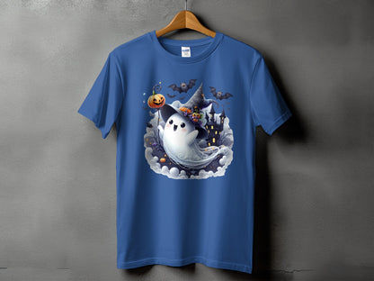 Blue t-shirt with a cute ghost character, pumpkin, bats, and a haunted castle graphic.
