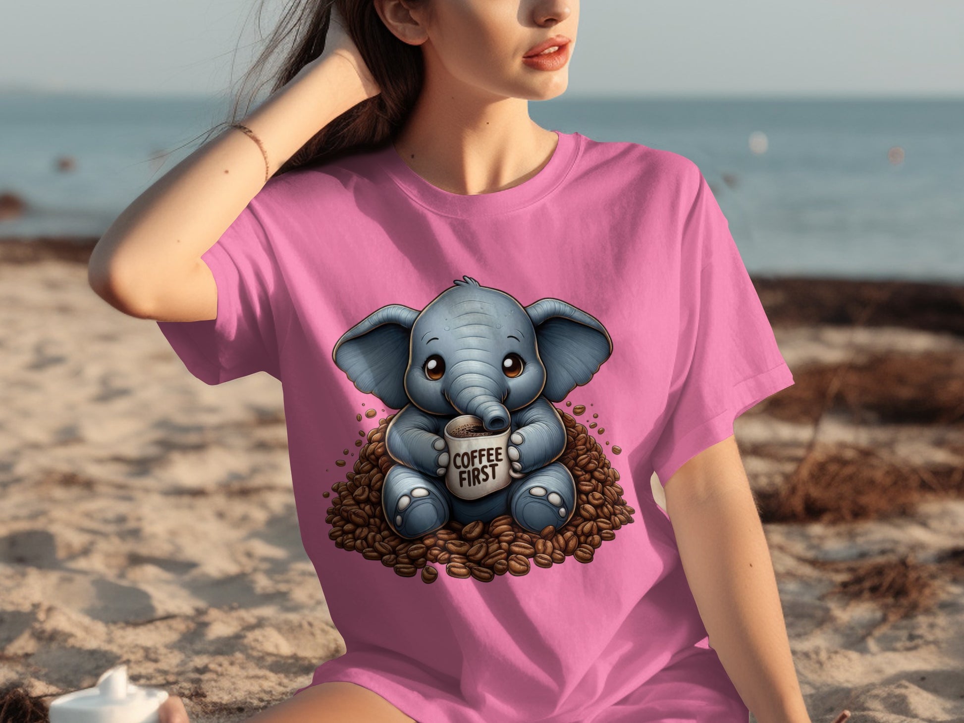 Cute Elephant Coffee First Graphic Tee Product