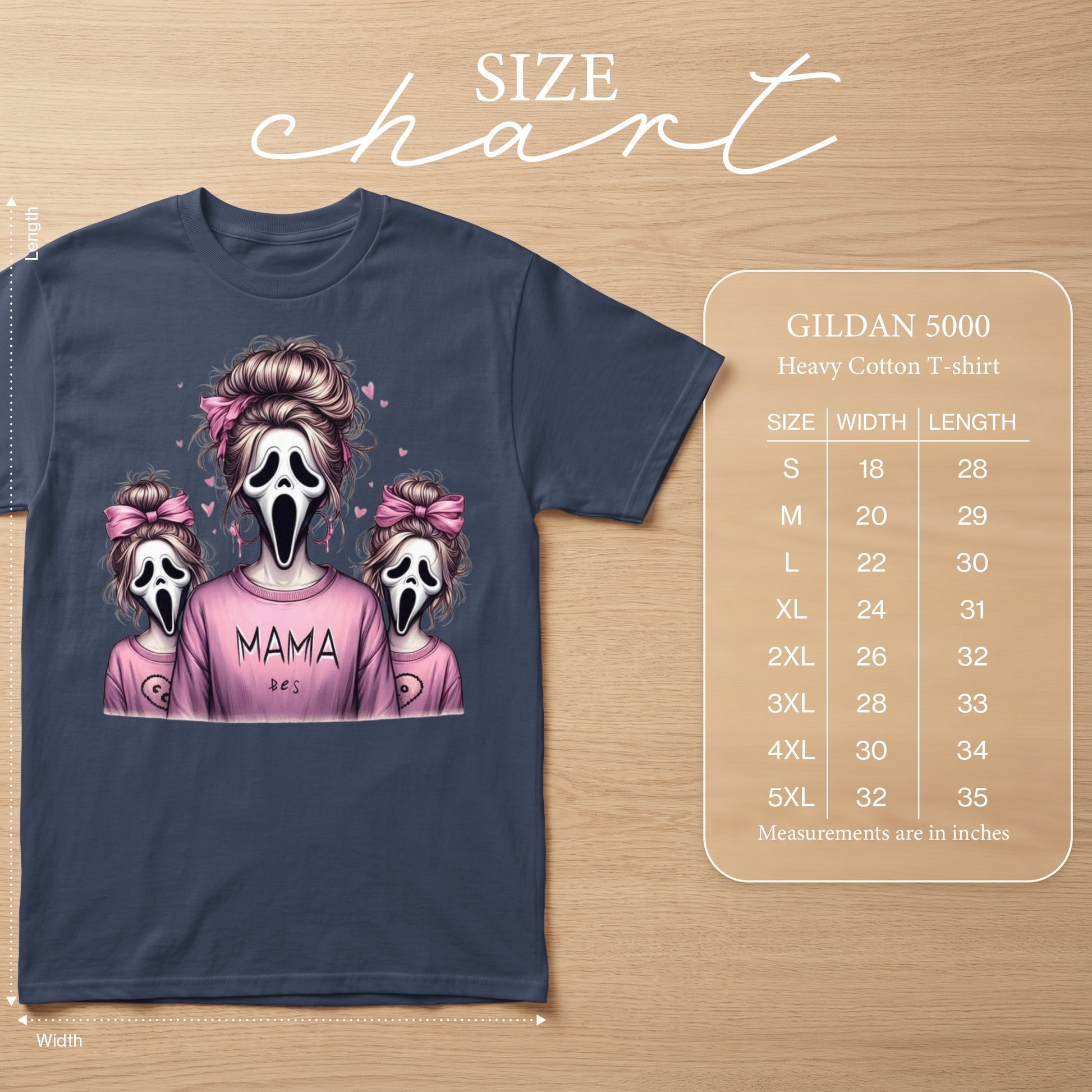 T-shirt with Scream mask characters and "MAMA & bes" graphic, with size chart.