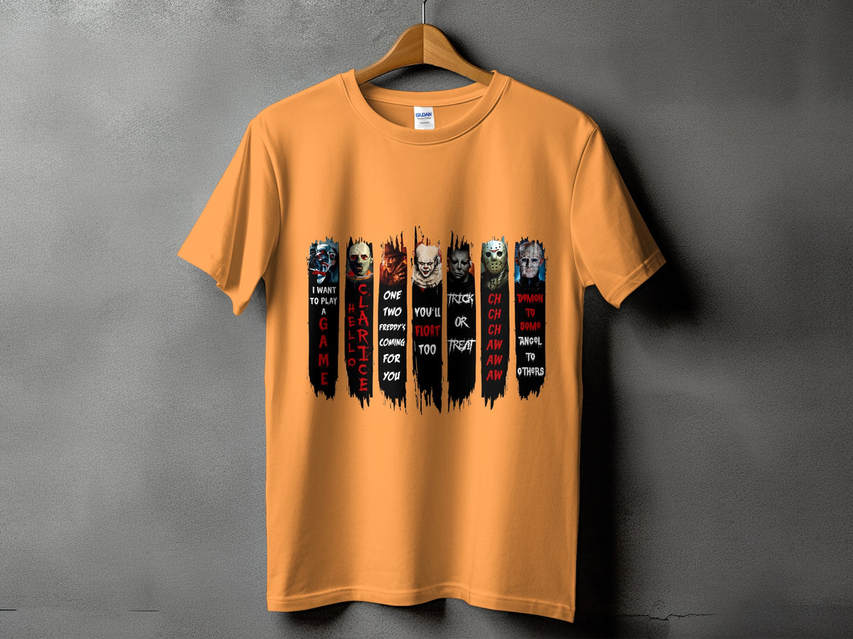 Orange t-shirt with horror movie characters and text.