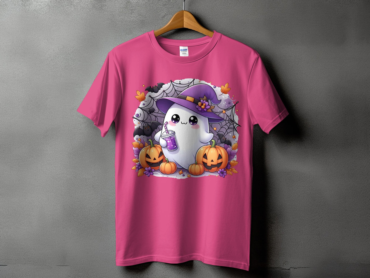 Cute ghost with witch hat, holding drink, surrounded by pumpkins and bats.
