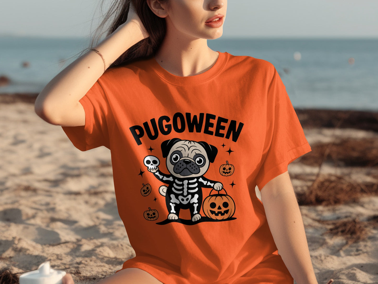 Pugoween Halloween Graphic Tee with Skeleton Pug Design