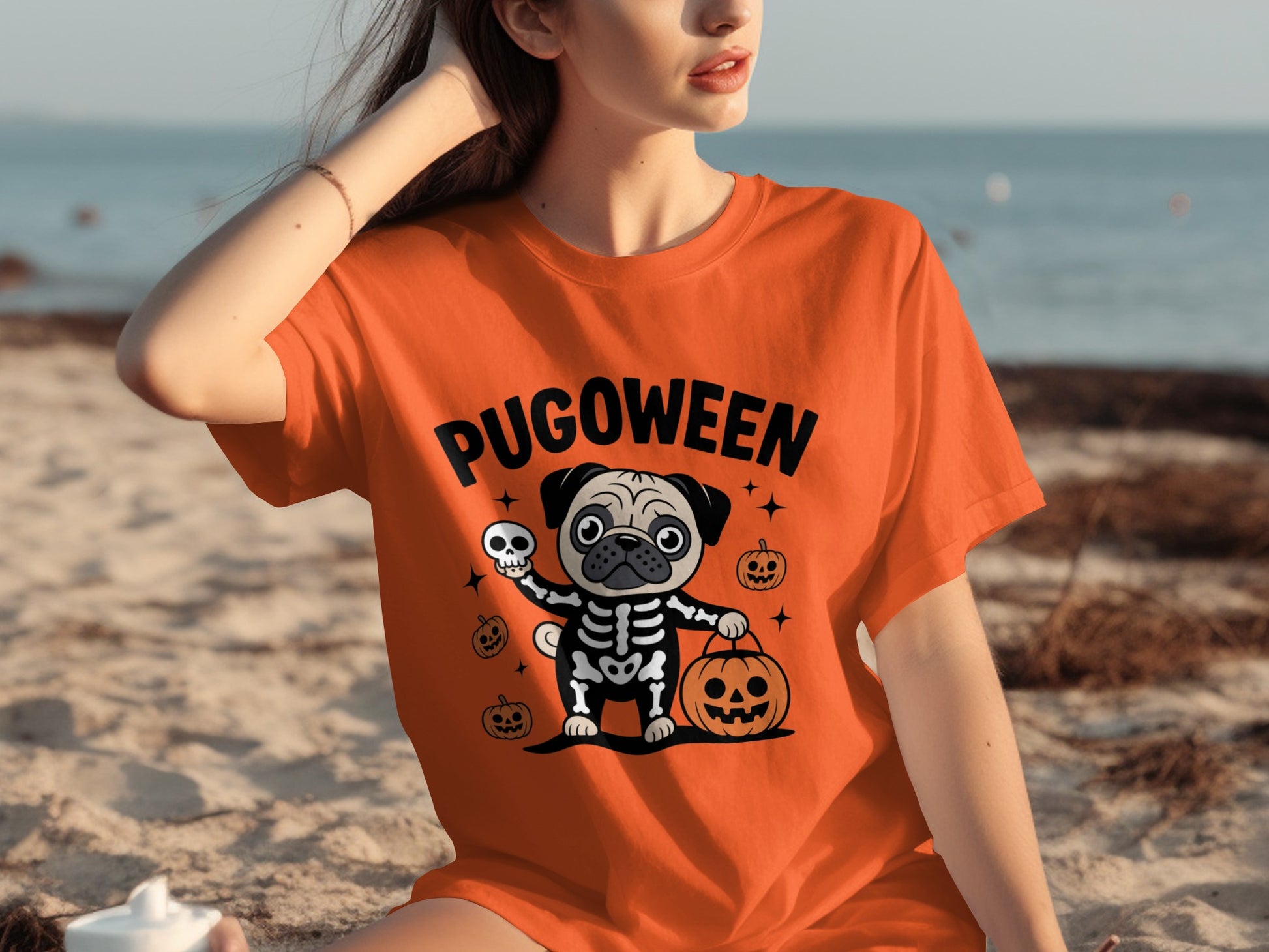 Pugoween Halloween Graphic Tee with Skeleton Pug Design