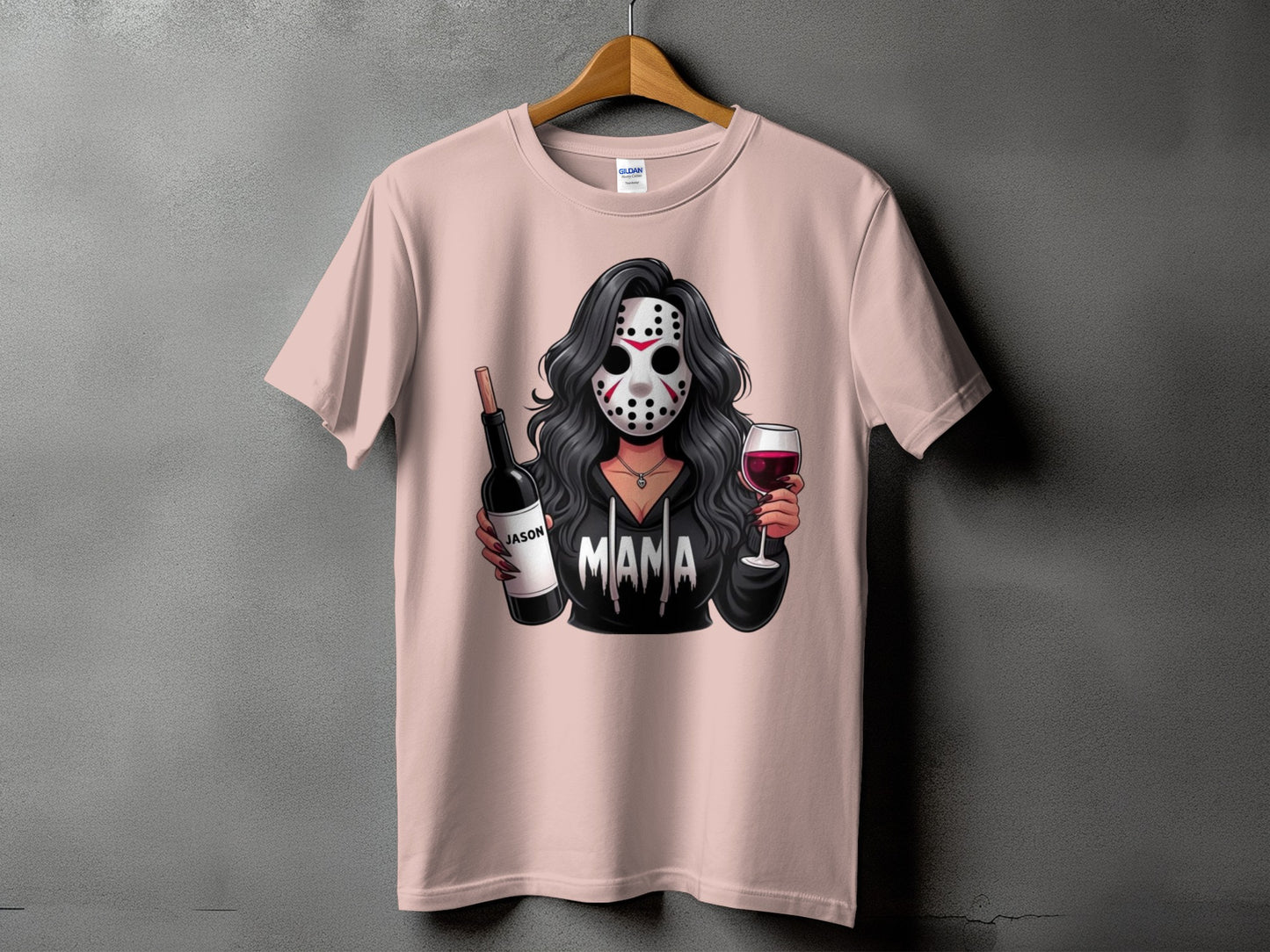 Pink t-shirt with cartoon woman wearing a hockey mask holding wine bottle and glass.