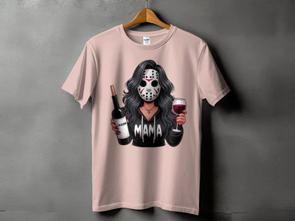 Pink t-shirt with cartoon woman wearing a hockey mask holding wine bottle and glass.