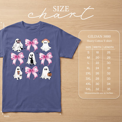 Gildan 5000 Heavy Cotton t-shirt size chart with ghost, bow, and pumpkin graphics.
