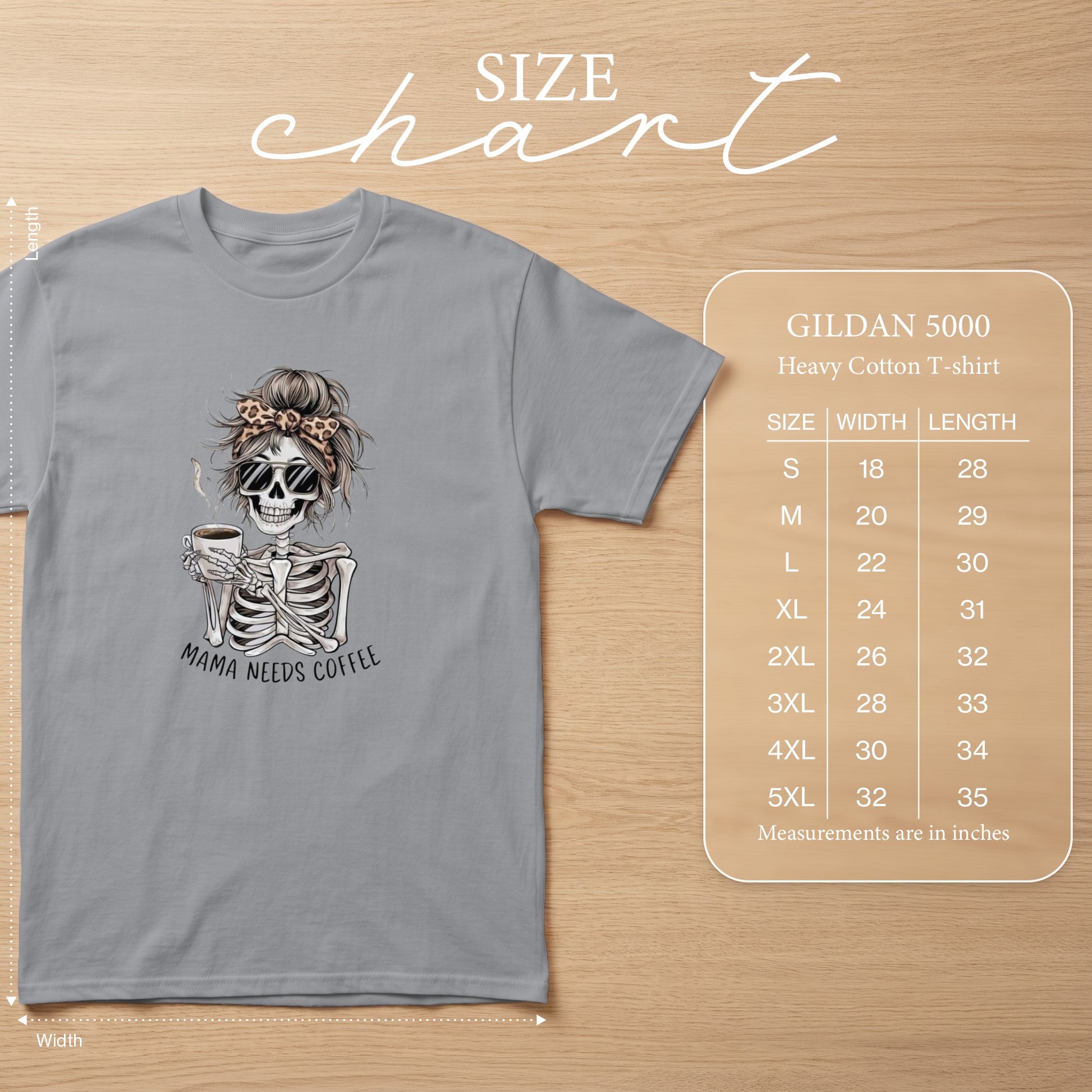 Grey Gildan 5000 heavy cotton t-shirt with skeleton graphic and size chart.