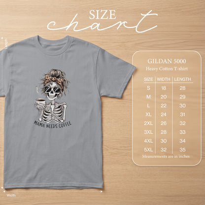 Grey Gildan 5000 heavy cotton t-shirt with skeleton graphic and size chart.