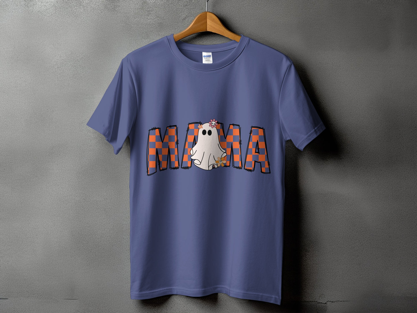 Ghost with flower in its hair on "MAMA" text with checkered orange and white background.