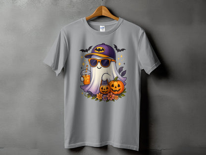 Ghost with sunglasses, cap, drink, pumpkins, and bats on a t-shirt.