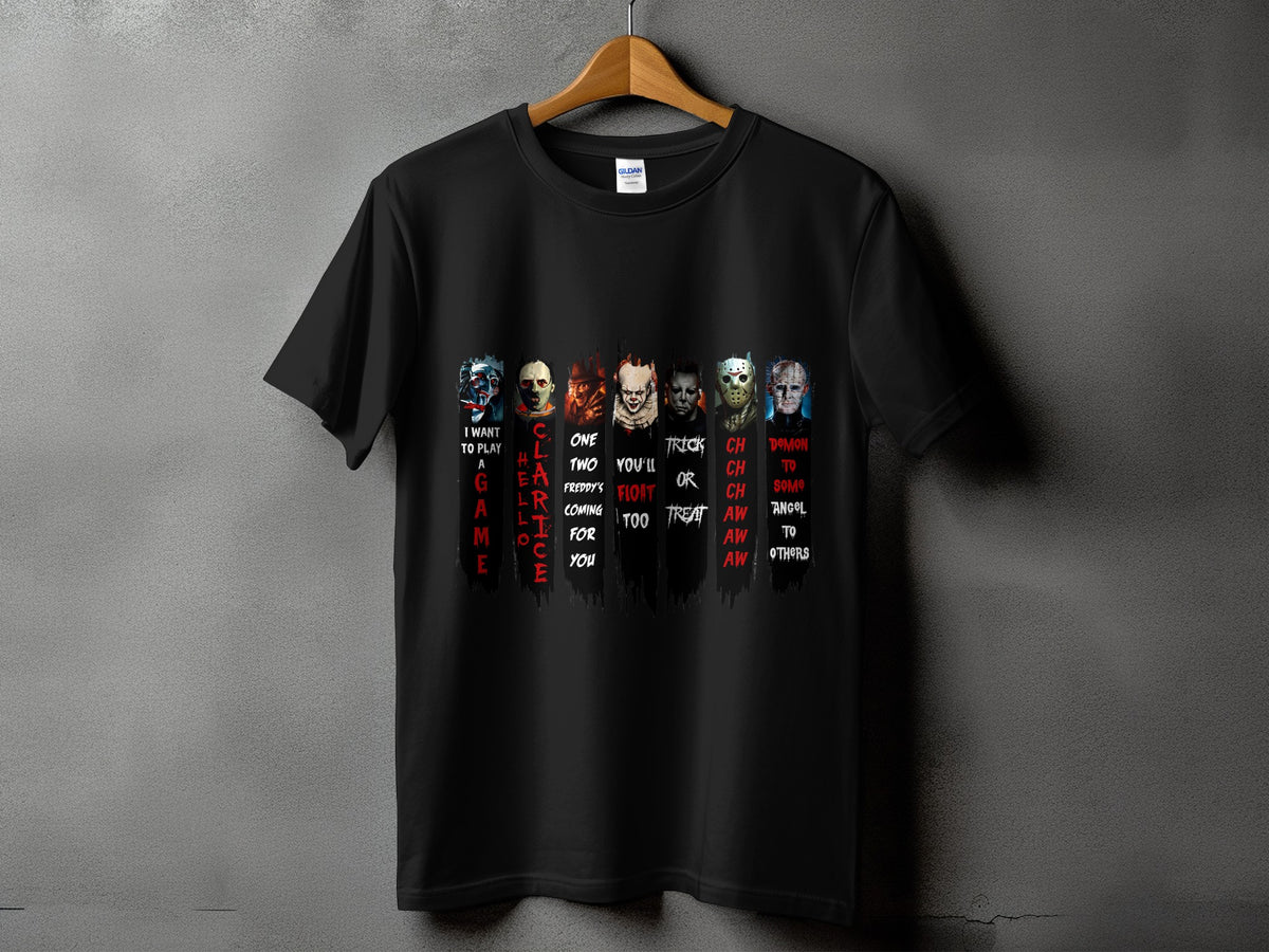 Black t-shirt with horror movie characters and quotes, including "I want to play a game".