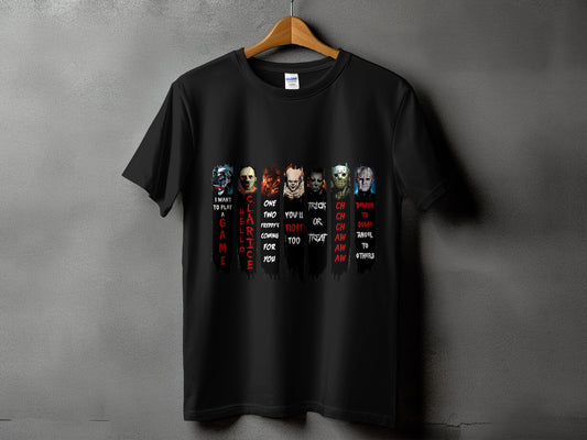 Black t-shirt with horror movie characters and quotes, including "I want to play a game".