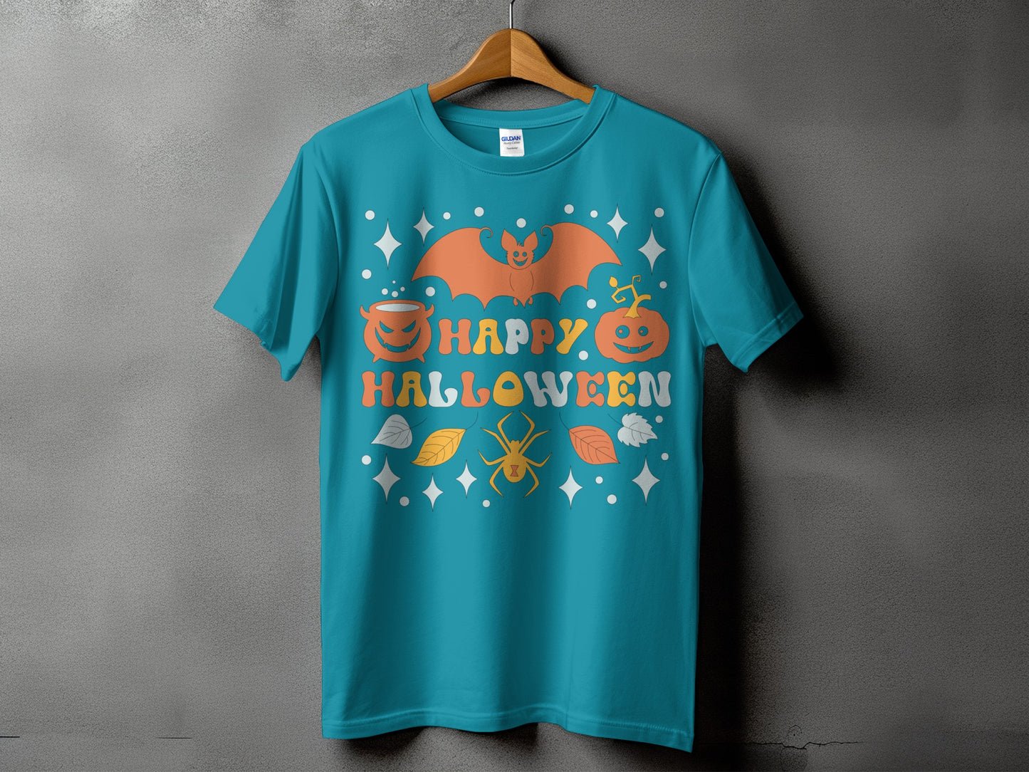 Teal t-shirt with "Happy Halloween" text and Halloween-themed graphics.