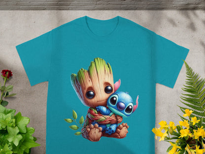 Groot and Stitch hugging, printed on a teal t-shirt.