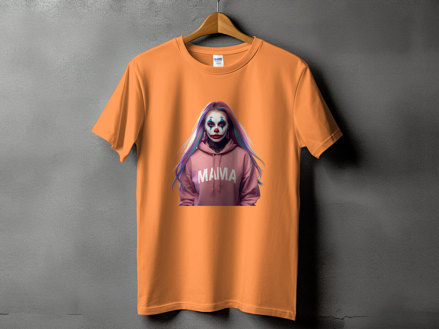 Orange t-shirt with clown graphic and "MAMA" text on pink hoodie.