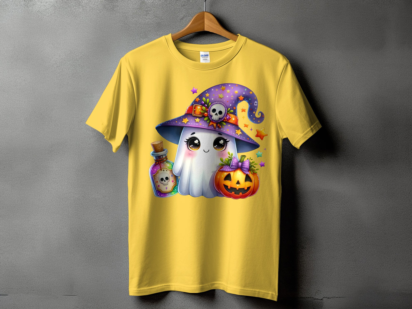 Yellow t-shirt with cute ghost wearing witch hat, potion bottle, and pumpkin.