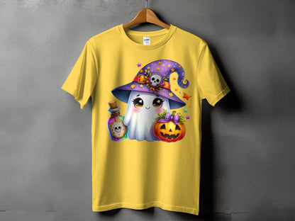 Yellow t-shirt with cute ghost wearing witch hat, potion bottle, and pumpkin.