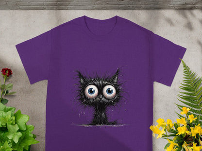 Funny Wide-Eyed Black Cat Graphic T-shirt for Cat Lovers