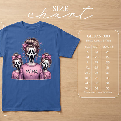 Blue t-shirt with Scream mask family graphic and Gildan 5000 size chart.
