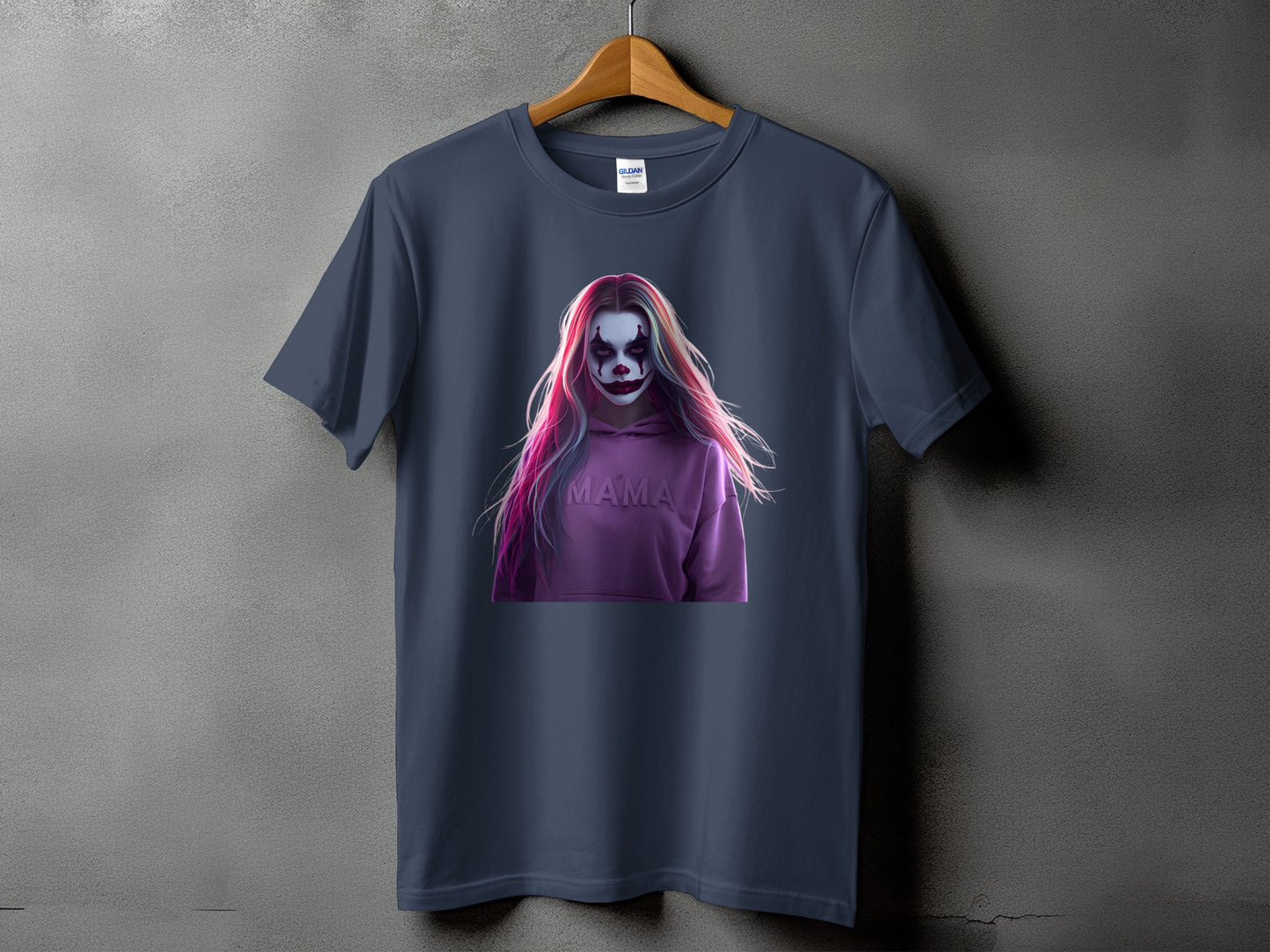 T-shirt with clown graphic and "MAMA" text on purple hoodie.
