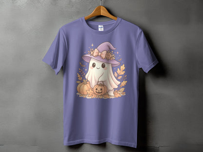 Ghost in witch hat holding pumpkin on purple t-shirt with autumn leaves.