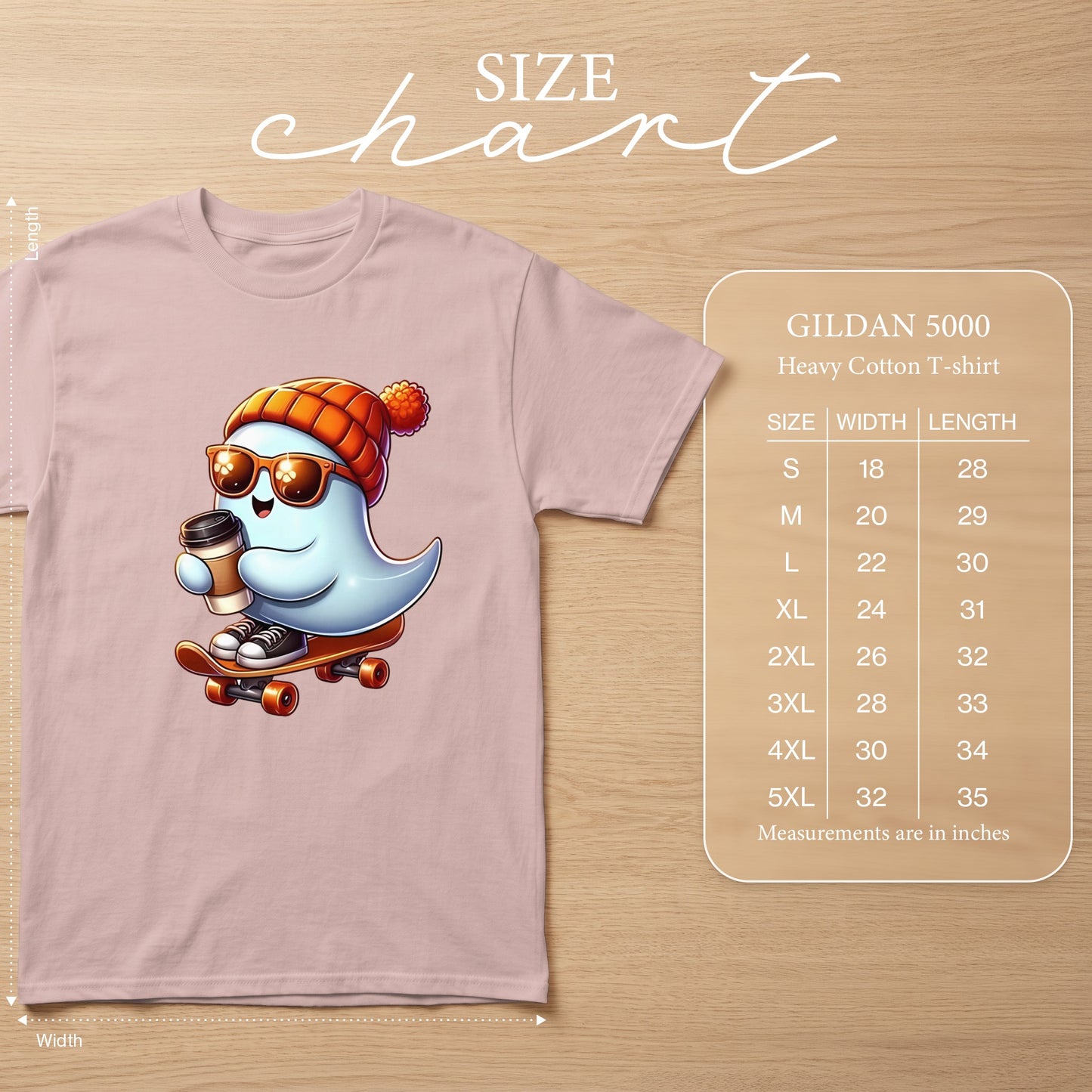 Gildan 5000 size chart with cartoon ghost on skateboard wearing hat and sunglasses.